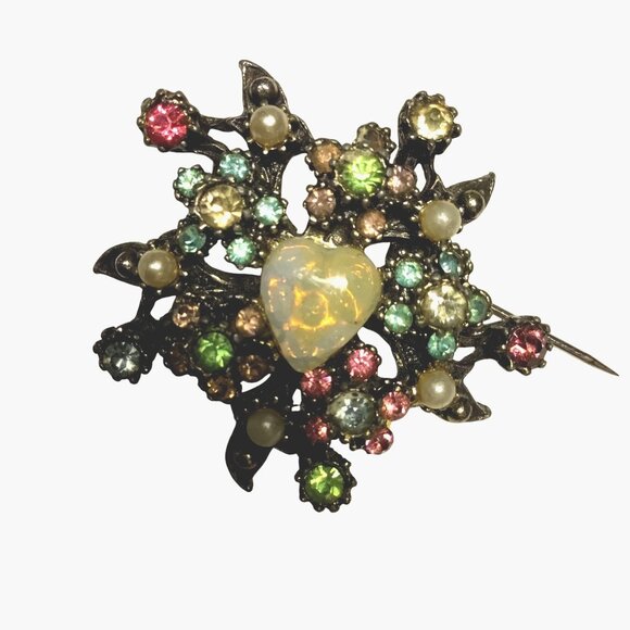 VTG Opaline Heart Brooch Lucite OR Glass Pastel Rhinestone Faux Pearl 1950s MCM - Picture 2 of 6